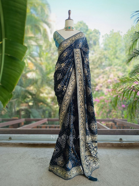 Rivaya Navy Blue Bandhej Saree With Runing Blouse