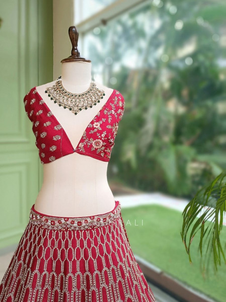 Sindoorika Red Raw Silk Unstitched Bridal Lehenga