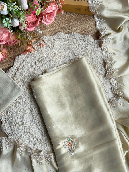 Ruvika Cream Silk Dress Material with Stone Work