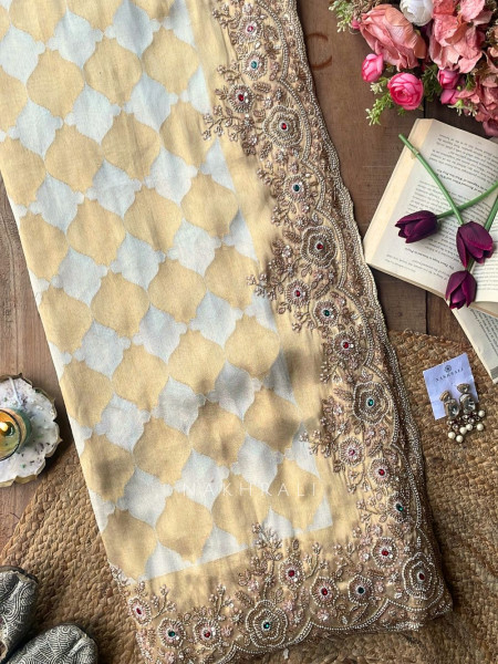Avadhira Cream Saree with Cut Dana, Beads and Sequin Work