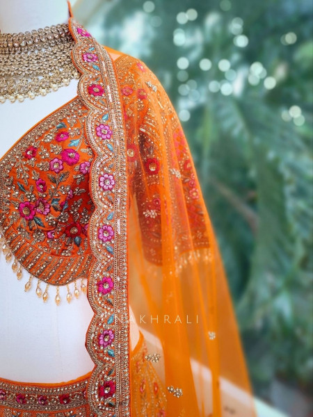Suhira Tangerine Embroidered Lehenga with Sequin and Stone Work