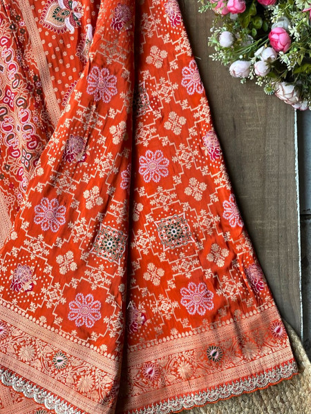 Anant Bindu Orange Bandhani Print Saree with Sequin Border