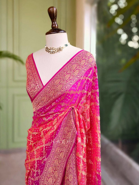 Rangrekha Bandhej Saree with Gota Zari Detailing