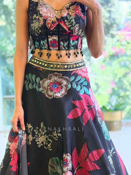 Kyra Black Embroidered Floral Lehenga Set with Mirror Work