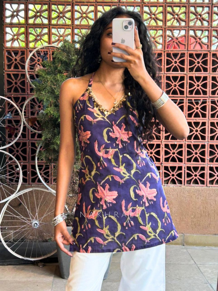 Image of Nirvika Purple Cotton Short Kurti with Floral Print and Coin Lace Neck