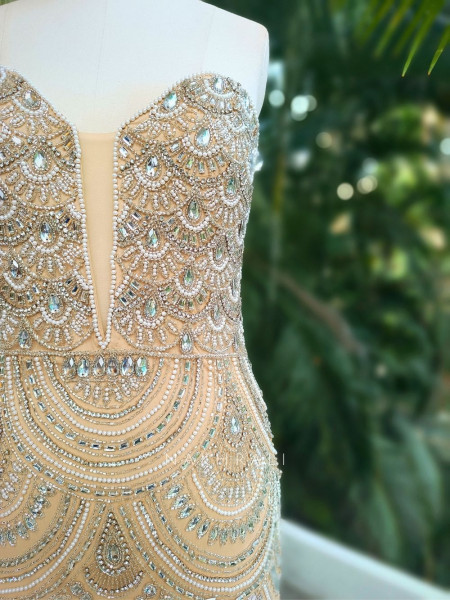 Seraphina Beige Embellished Prom Gown with Cut Dana & Sequin Work