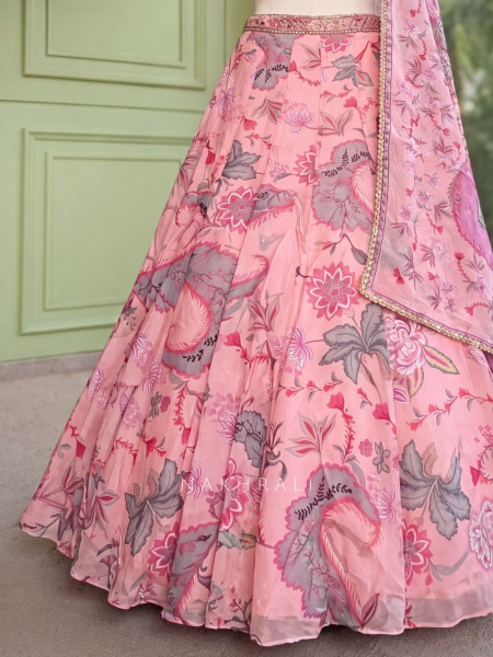 Gulnaar Pink Organza Silk Lehenga Set with Floral Print & Beaded Corset Work