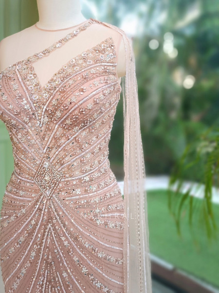Serenique Light Pink Soft Net Mermaid Gown With Cutdana & Crystal Work