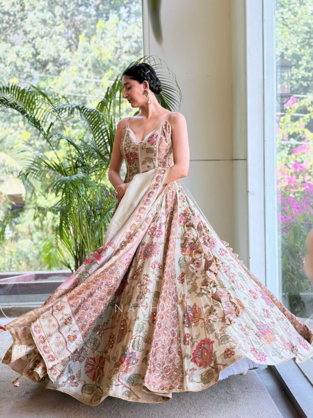 Mihira Pista Green Indo Western Corset Lehenga with Floral Kundan Work