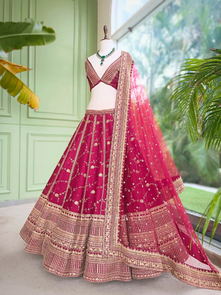 Image of Riva Maroon Unstitched Lehenga Set with Zari and Sequin Work