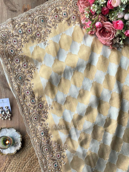 Avadhira Cream Saree with Cut Dana, Beads and Sequin Work