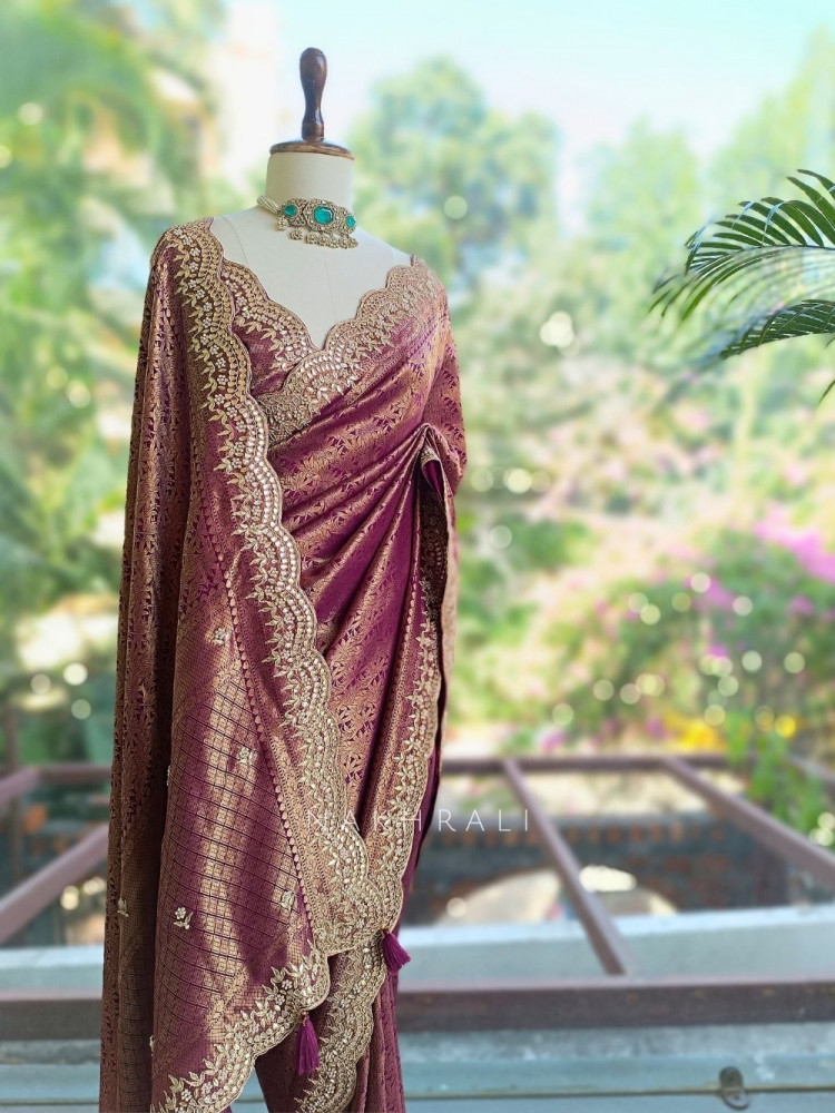 Image of Rajleela Wine Banarasi Brocade Silk Saree with Gota Border