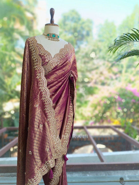 Rajleela Wine Banarasi Brocade Silk Saree with Gota Border