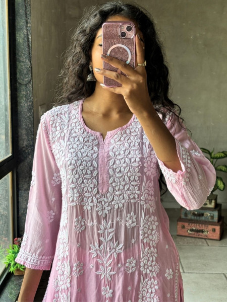 Chikra Pink Lucknowi Pant Kurta Set with Chikankari Work