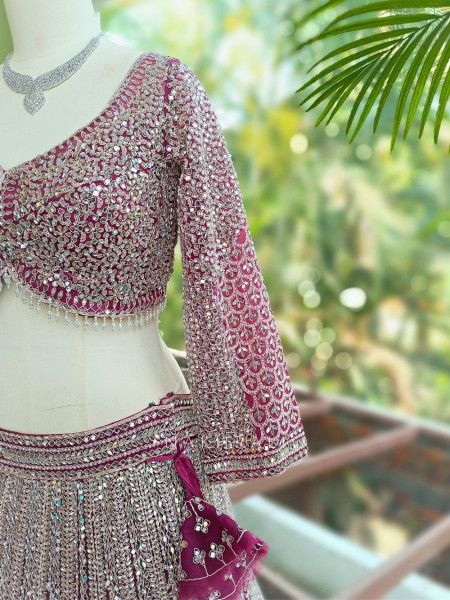 Rivarka Wine Mirror and Bead Embroidered Bridal Lehenga
