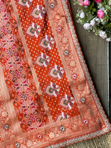 Anant Bindu Orange Bandhani Print Saree with Sequin Border