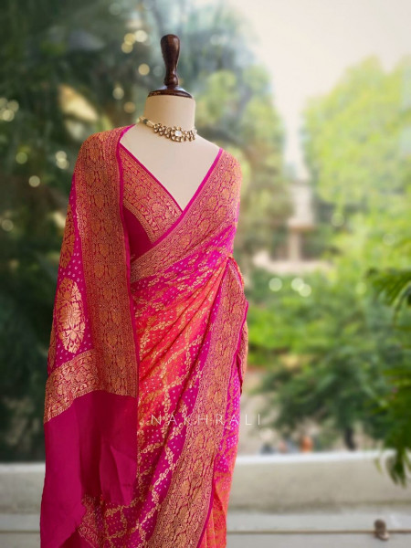 Rangrekha Bandhej Saree with Gota Zari Detailing