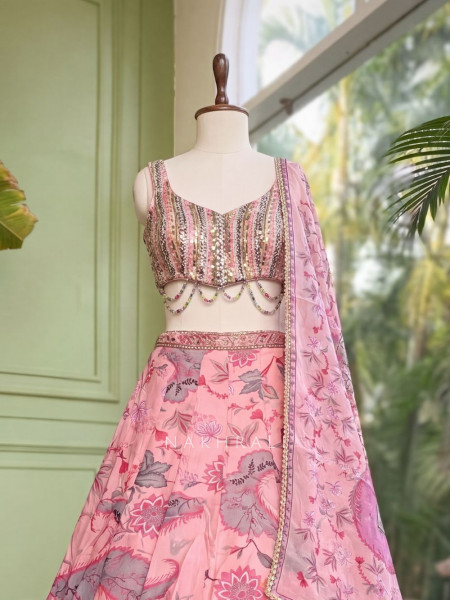 Gulnaar Pink Organza Silk Lehenga Set with Floral Print & Beaded Corset Work