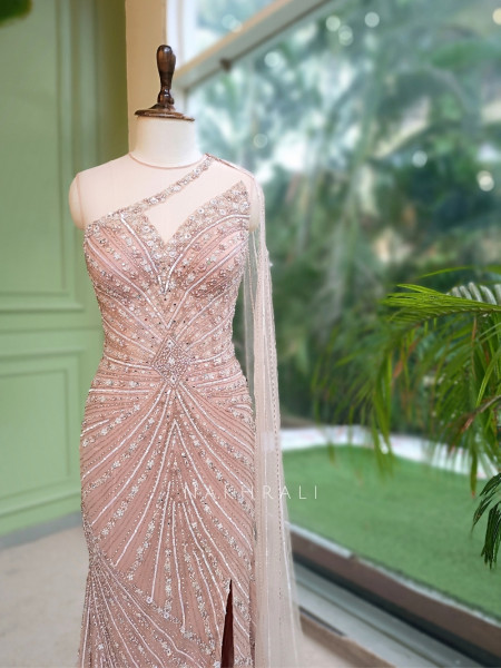 Serenique Light Pink Soft Net Mermaid Gown With Cutdana & Crystal Work