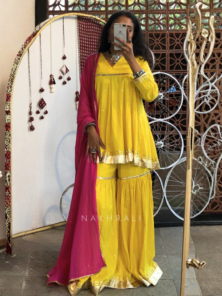 Image of Suhira Yellow Cotton Sharara Kurta Set with dupatta