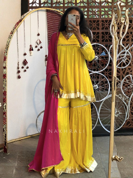 Suhira Yellow Cotton Sharara Kurta Set with dupatta
