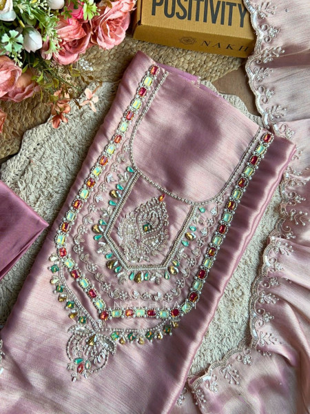 Ruvika Lavender Silk Dress Material with Stone Work
