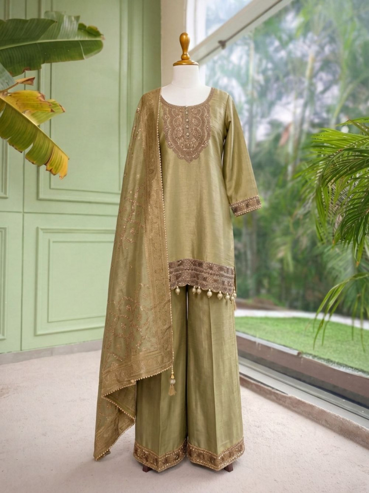 Image of Shabnam Pista Green U-Yoke Sharara Suit