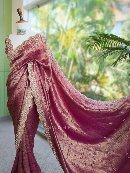 Rajleela Wine Banarasi Brocade Silk Saree with Gota Border