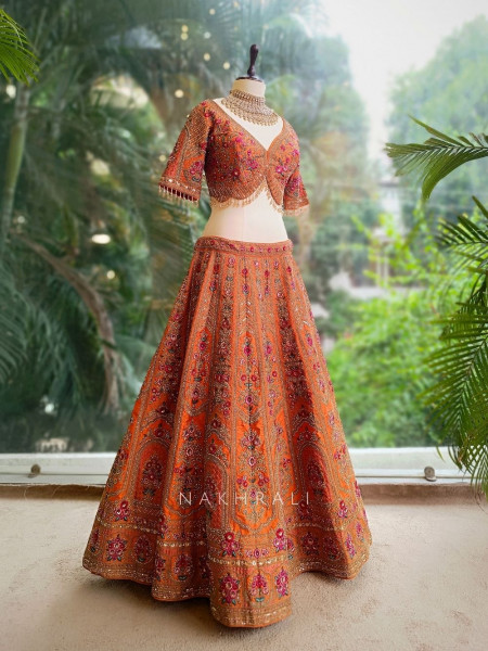Suhira Tangerine Embroidered Lehenga with Sequin and Stone Work