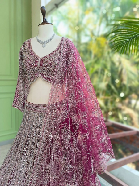 Rivarka Wine Mirror and Bead Embroidered Bridal Lehenga