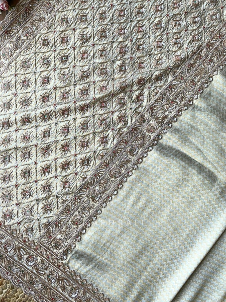 Kasturi Cream Zari Saree with Cut Dana Beads Work