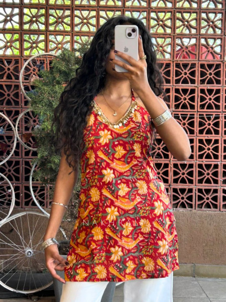 Nirvika Maroon Cotton Short Kurti with Floral Print and Coin Lace Neck