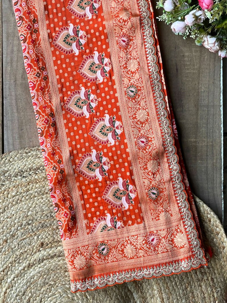 Anant Bindu Orange Bandhani Print Saree with Sequin Border