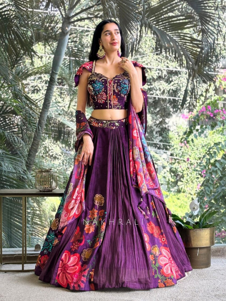 Mehar Wine Embroidered Lehenga Set with Floral Detailing