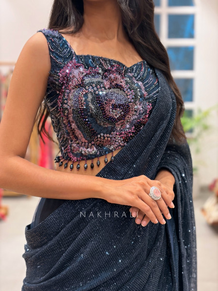 Samyra Blue Micro-Sequined Georgette Draped Saree with Readymade Blouse