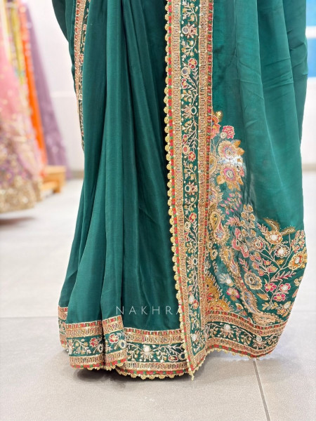Dhruvi Bottle Green Saree with Mirror Embroidery Border