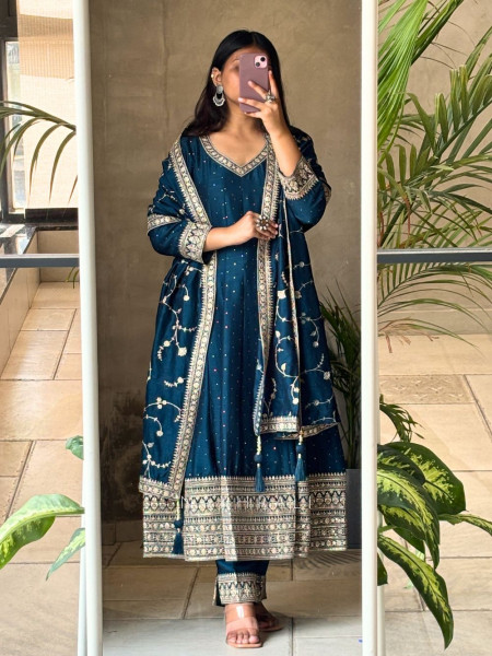 Twilight Glow Blue Anarkali Suit with Zari & Sequin Work