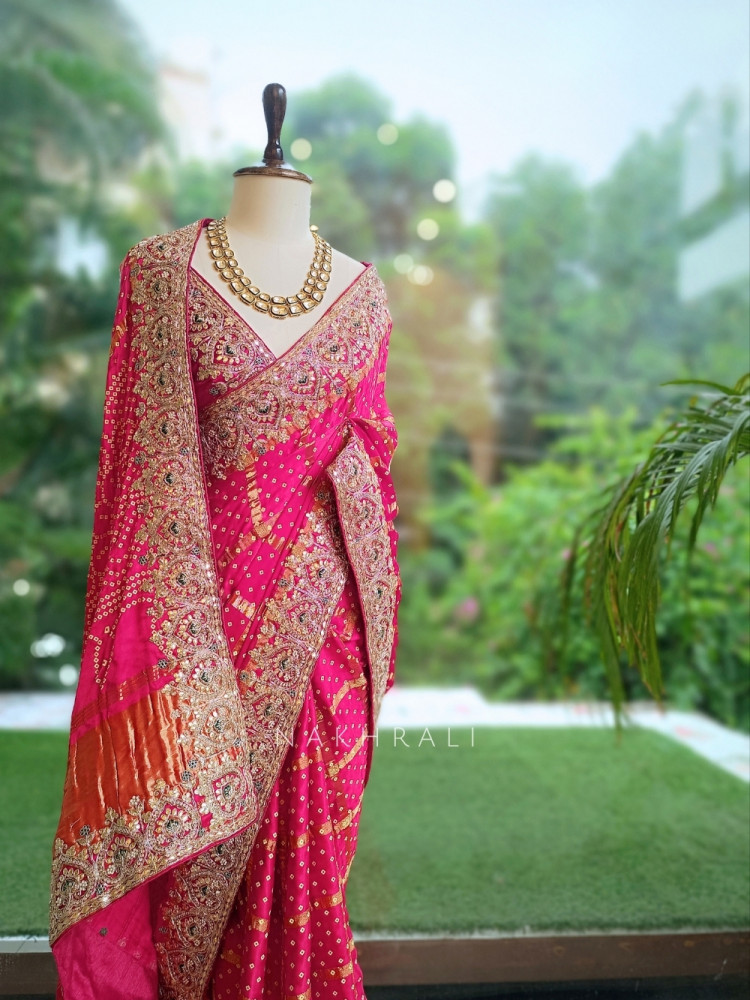 Image of Noor-E-Rangati Magenta Bandhani Saree with Zari Border