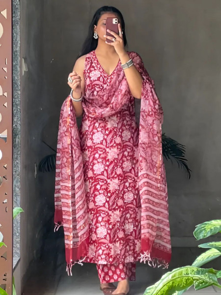 Ruby Bloom Red Cotton Suit Set with Block Print