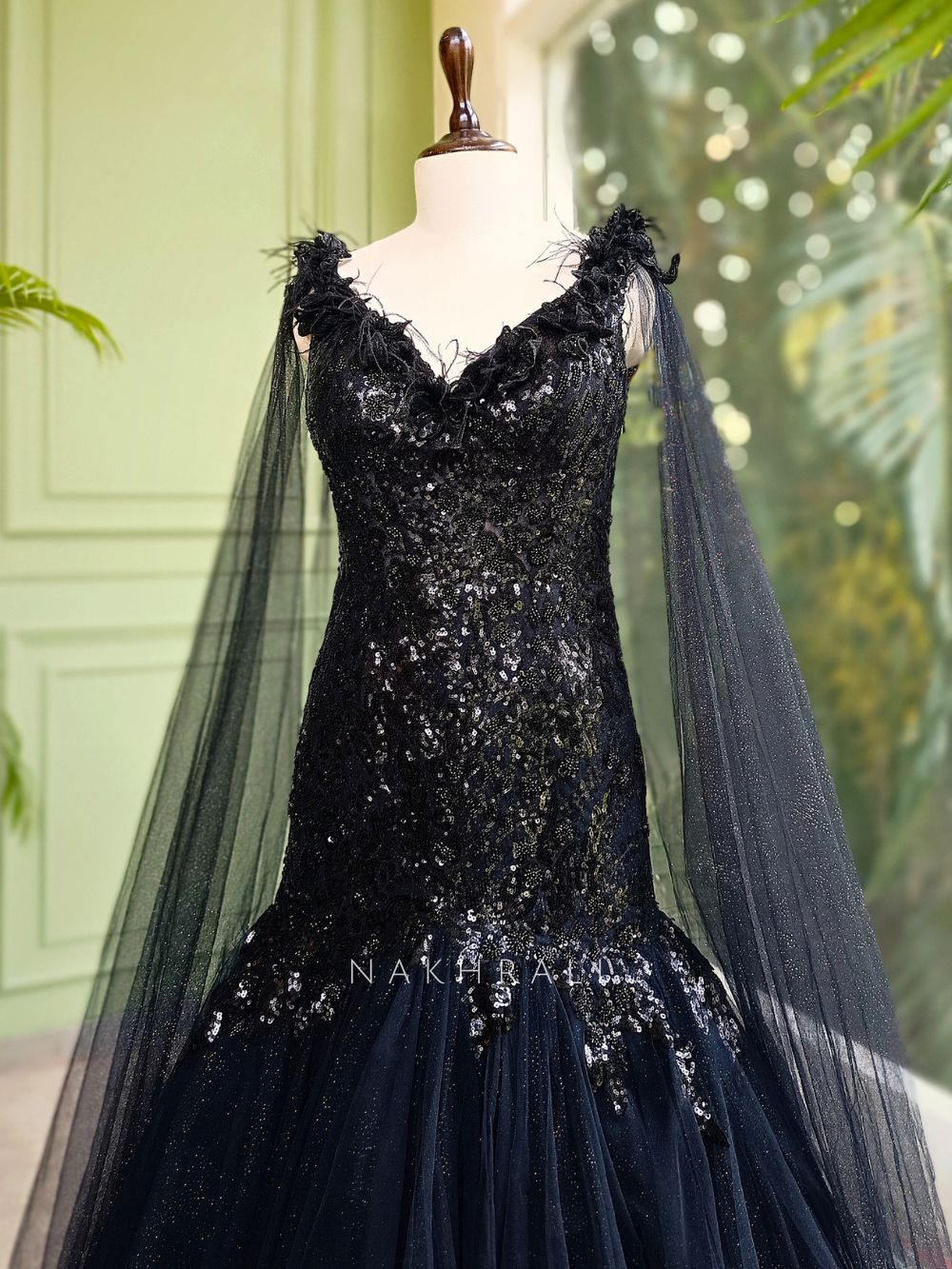 Black Sequin Mermaid Gown with Net Cape Flair Black Sequin Mermaid Gown with Net Cape Flair