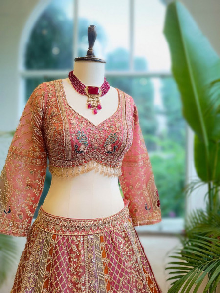 Aadhira Gajari Silk Bridal Lehenga with Stone and Sequin Embroidery