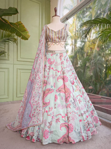 Gulnaar Firozi Organza Silk Lehenga Set with Floral Print & Beaded Corset Work