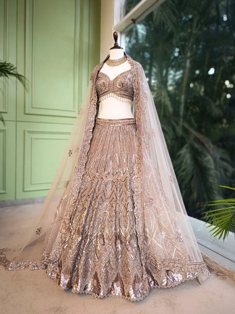 Image of Evara Brown Zardozi Lehenga Set with Embroidered Dupatta
