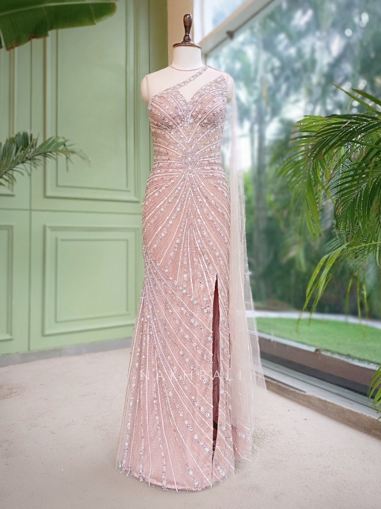 Image of Serenique Light Pink Soft Net Mermaid Gown With Cutdana &amp; Crystal Work