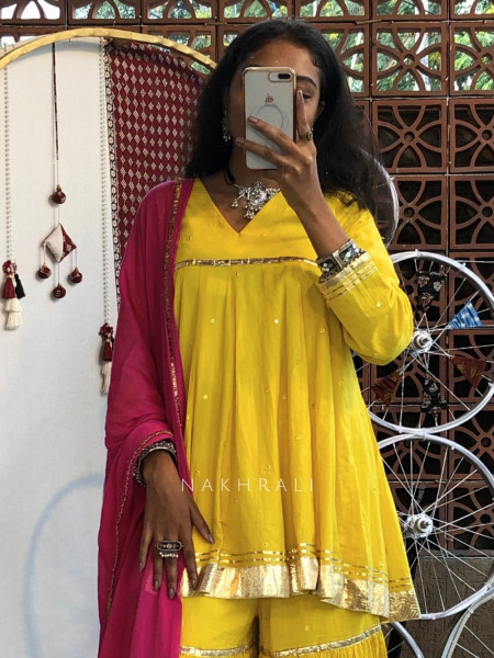 Suhira Yellow Cotton Sharara Kurta Set with dupatta