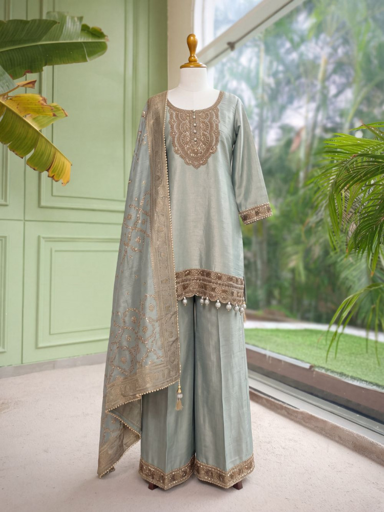 Image of Shabnam Sea Green U-Yoke Sharara Suit