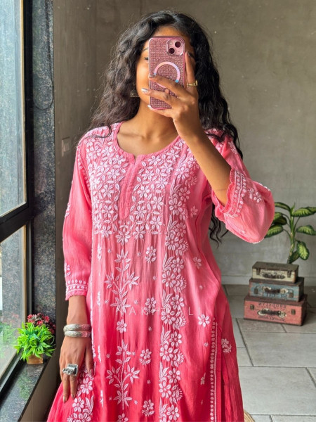 Chikra Magenta Lucknowi Pant Kurta Set with Chikankari Work