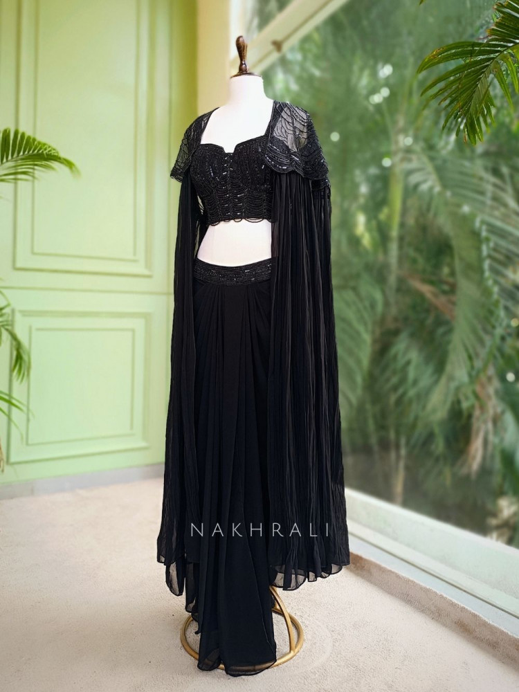 Image of Neriah Black Indo-Western Crop Top Skirt Set with Beaded Cape