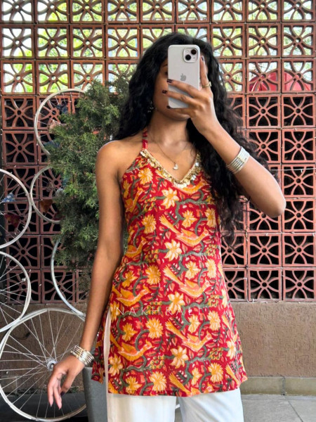 Nirvika Maroon Cotton Short Kurti with Floral Print and Coin Lace Neck