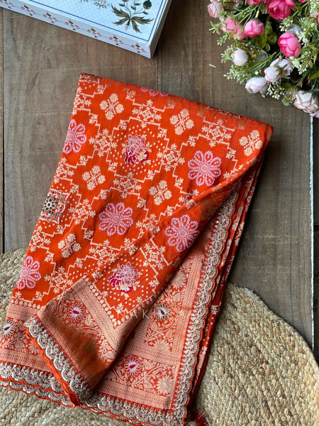 Anant Bindu Orange Bandhani Print Saree with Sequin Border